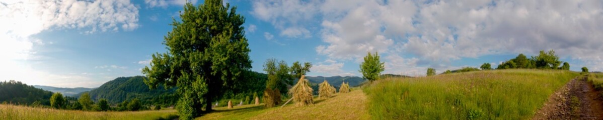 Fototapeta premium Panorama with piles of hay in the mountains. Morning with fog in the valley.