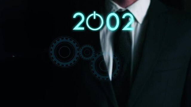businessman presses his hand on a virtual counter. Launch date 2022 with market and data analysis
