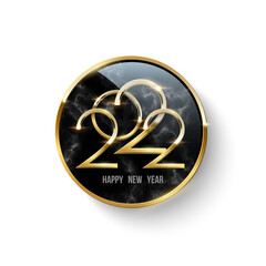 2022, Happy New Year design, 3d round badge with golden frame, text on marble inside
