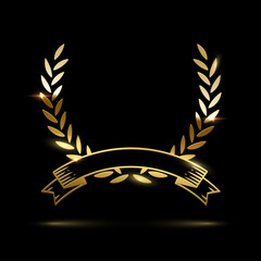 Laurel wreath with golden ribbon frame, medal for winner champion, symbol of victory