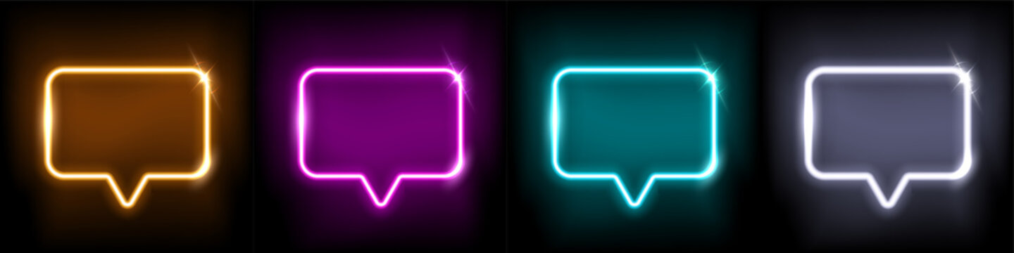 Neon speech chat bubble set, message sign with glowing neon frame border, retro cloud