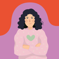 Portrait of a girl with curly  brunette hair. The young woman folded her arms. Vector flat illustration. Decorative cute illustration for children. 