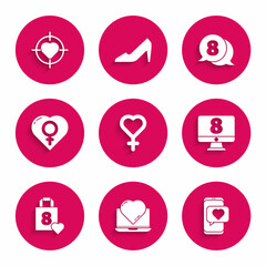 Set Female gender symbol, Online dating app and chat, 8 March on monitore, Shopping bag with heart, speech bubble and Heart the center of target aim icon. Vector