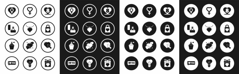 Set Heart with 8 March, Necklace heart shaped pendant, Diamond engagement ring, Female gender, Shopping bag, symbol, and cursor click and Perfume icon. Vector