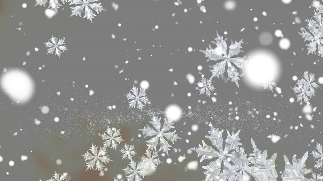 Digital animation of snowflakes falling against white spots on grey background