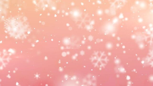 Digital animation of snow falling against multiple snowflakes icons on pink background