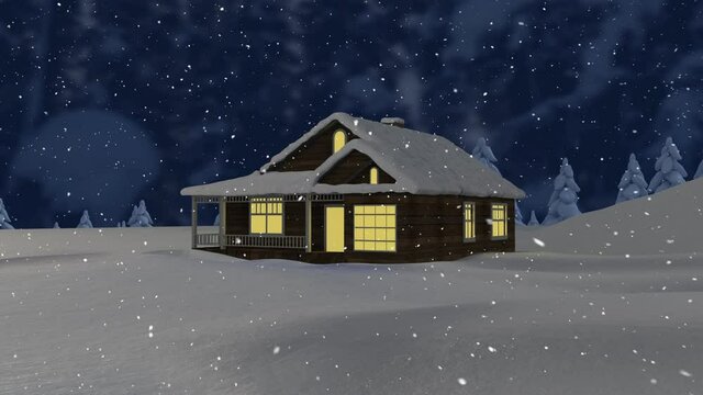 Snow falling over a house on winter landscape against night sky