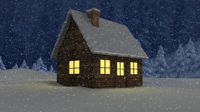 Snow falling over multiple houses and trees on winter landscape against night sky