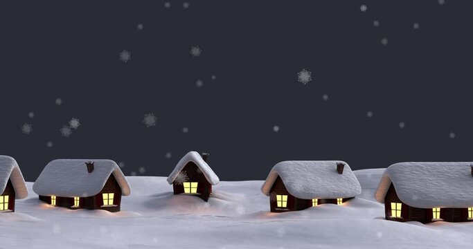 Snowflakes falling over multiple houses on winter landscape against grey background