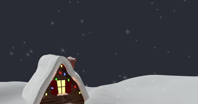Snowflakes falling over a house on winter landscape against grey background