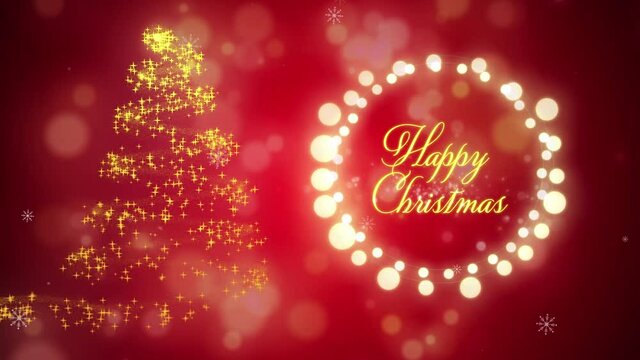 Animation of christmas tree with happy christmas text on red background
