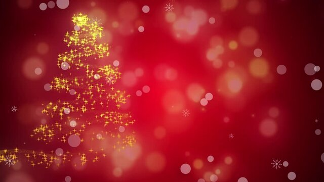 Animation of christmas tree over snow falling on red background