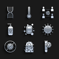 Set Bar of soap, Rabies virus, Test tube with, Virus, Stop, Bottle liquid antibacterial, spread and DNA symbol icon. Vector