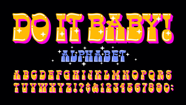 Do It Baby! is a bright neon colored alphabet full of fun and whimsy. This font has great retro appeal and pop art qualities; ideal for short quotes, social media art, and stickers.
