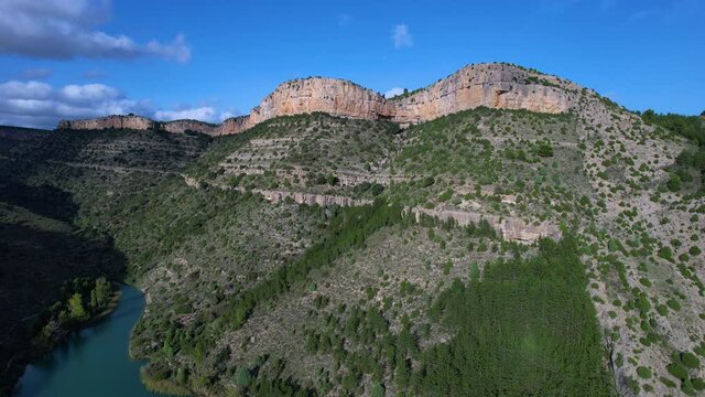 Pe&ntilde;as and cliffs in the Balagueras reservoir seen from a drone. Rubielos de Mora, Gudar Javalambre region. Teruel Province, Aragon, Spain, Europe