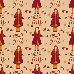 vector seamless pattern with the image of a little girl with autumn leaves
