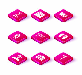 Set Grave with cross, tombstone, Funeral urn, Dead body in the morgue, Hammer, Coffin dead and Calendar death icon. Vector