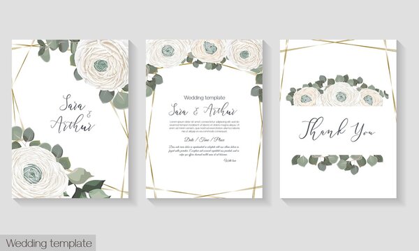 Vector floral invitation template. White roses, rununculus, green leaves, eucalyptus, golden shapes.