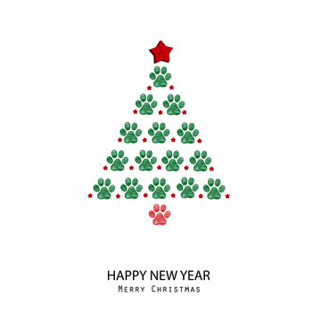 Tree with paw prints. Merry Christmas and Happy new year greeting card