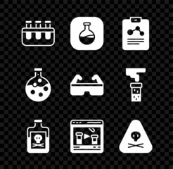 Set Test tube and flask, Chemistry report, Poison in bottle, Chemical online, Triangle warning toxic, and Safety goggle glasses icon. Vector
