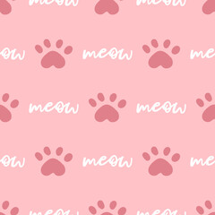 Pink and white cat seamless pattern. Meow and cat paws background vector illustration. Cute cartoon pastel character for nursery girl baby print.