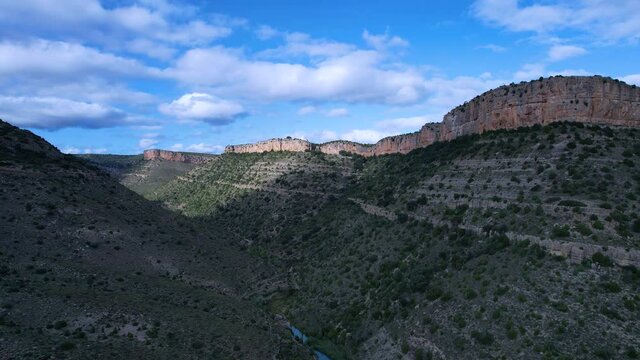 Pe&ntilde;as and cliffs in the Balagueras reservoir seen from a drone. Rubielos de Mora, Gudar Javalambre region. Teruel Province, Aragon, Spain, Europe