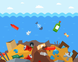 throw garbage to the bottom of the ocean. ecological disaster in the water. flat vector illustration.