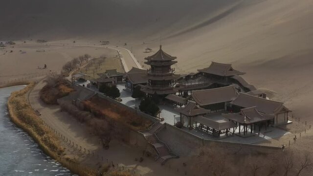sunny evening time desert dunes old town aerial panorama 4k gansu china