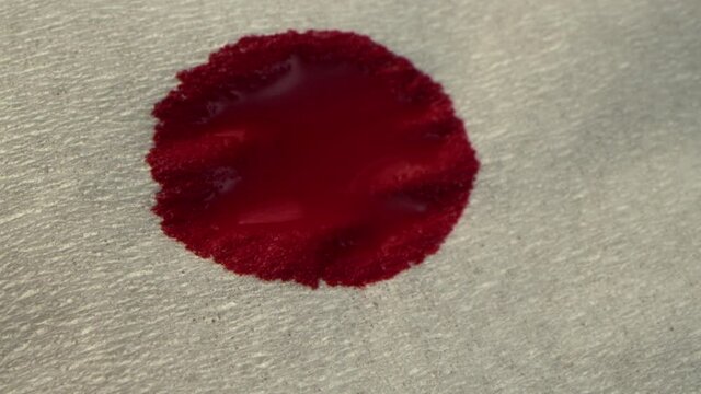 Red blood Concept. Close up Red blood Drops Onto a White Cloth, Blood is Absorbed into a White Paper Napkin, Macro Shot.