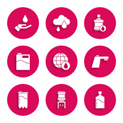 Set Earth planet in water drop, Water cooler, Big bottle with clean, tap, filter cartridge, and Washing hands soap icon. Vector