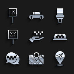 Set Hand with taxi, Gps device map, Location, Taxi car roof, call telephone service, Road sign for stand, Safety belt and Airport icon. Vector