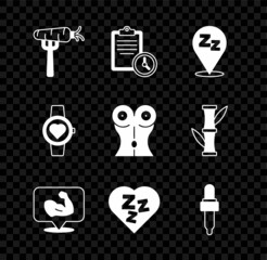 Set Carrot on fork, Sport training program, Sleepy, Bodybuilder muscle, Pipette with oil, Smart watch and Women waist icon. Vector