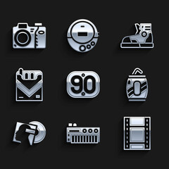 Set 90s Retro, Music synthesizer, Play Video, Soda can with straw, Vinyl disk, Cigarettes pack box, Sport sneakers and Photo camera icon. Vector