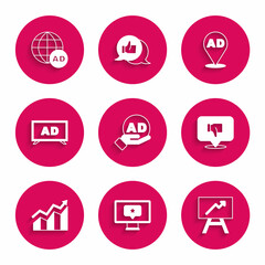 Fototapeta premium Set Advertising, Monitor with star, Board graph chart, Dislike speech bubble, Financial growth increase, and icon. Vector