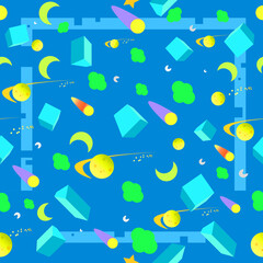 Seamless children cartoon space pattern with rockets, planets, stars and dashed traces over the dark night sky background