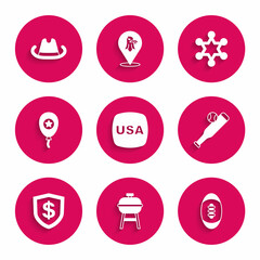 Set USA Independence day, Barbecue grill, American Football ball, Baseball bat with, Shield dollar, Balloons, Hexagram sheriff and Western cowboy hat icon. Vector