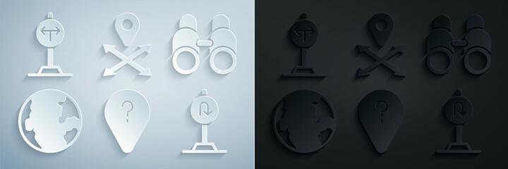 Set Unknown route point, Binoculars, Earth globe, Turn back road sign, Location and Fork the icon. Vector
