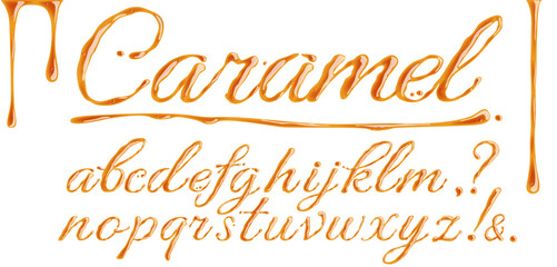 Vector caramel font on a white background. Latin alphabet. The inscription Caramel, shiny delicious letters.