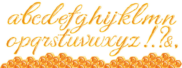 Vector honey font on white background. Latin alphabet, shiny sweet letters.