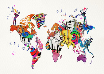 World of music. Watercolor. Concept background. - obrazy, fototapety, plakaty