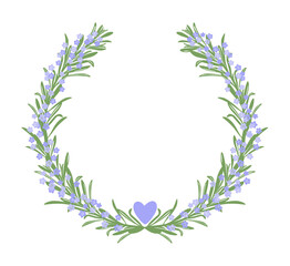 Wedding wreath of green twigs and lilac small flowers with a heart. Vector illustration isolated.