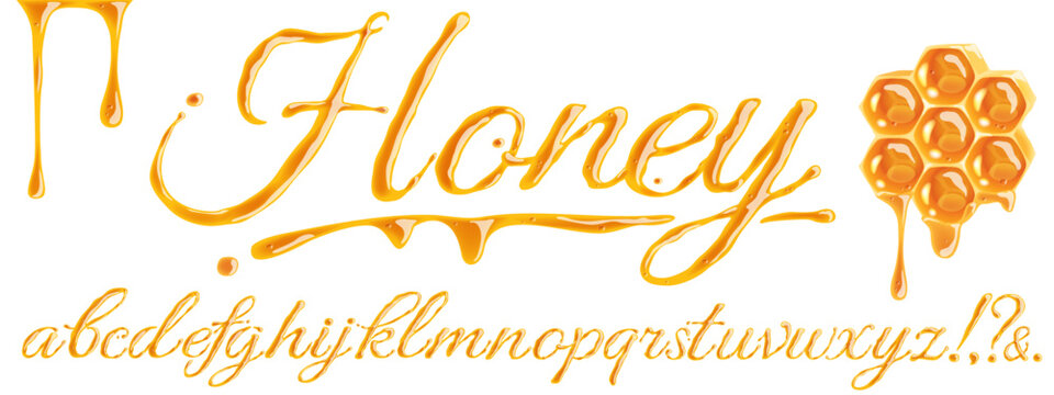 Vector honey font on white background. Latin alphabet. Honey inscription. Sweet letters.
