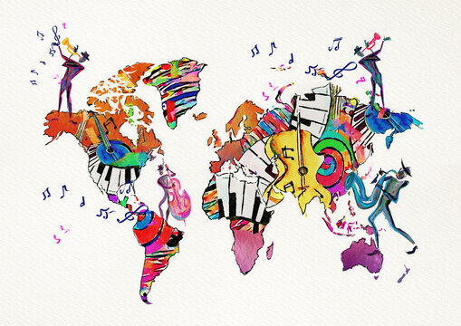 World of music. Watercolor. Concept background.