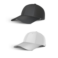 Black and white baseball cap set side perspective view realistic vector template.