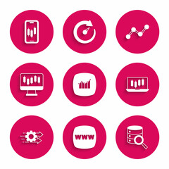 Set Financial growth, Website template, Server, Stocks market graphs, Time management, Graph chart infographic and Mobile stock trading icon. Vector