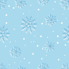 Beautiful pattern of white snowflakes on a blue background for winter design. Collection of Christmas New Year. Frozen silhouettes of crystal snowflakes. Modern designer apartment. Holiday wallpapers.