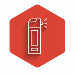 White line Medical bottle with nozzle spray for the treatment of diseases of the nose and throat icon isolated with long shadow. Red hexagon button. Vector Illustration