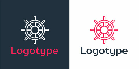 Logotype line Ship steering wheel icon isolated on white background. Logo design template element. Vector