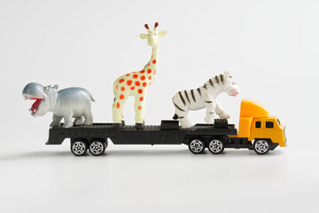 A large truck carries African animals: a zebra, a giraffe and a hippopotamus. Concept for the global delivery and transportation of animals and oversized cargo. Light background