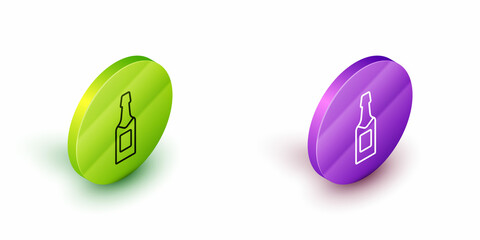 Isometric line Champagne bottle icon isolated on white background. Green and purple circle buttons. Vector